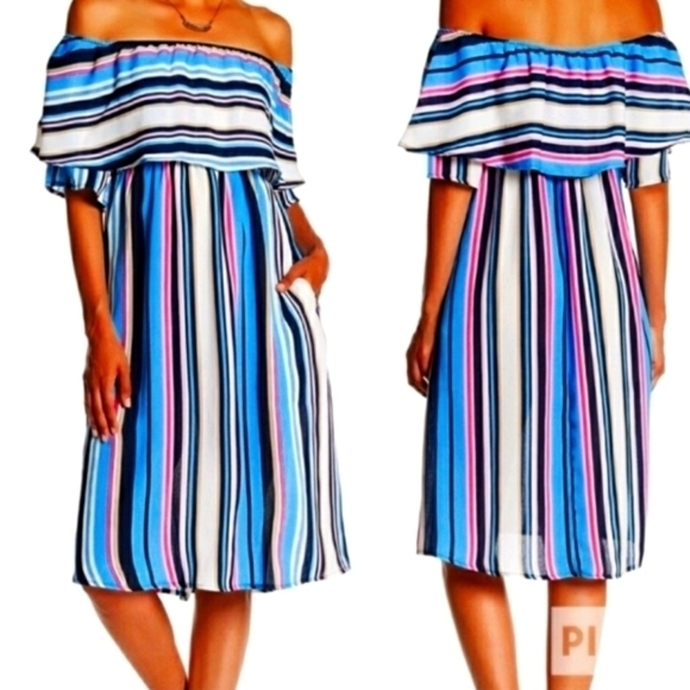Spirit‎ of Grace Stripes Off the Shoulder Dress Blue Pink Size Medium